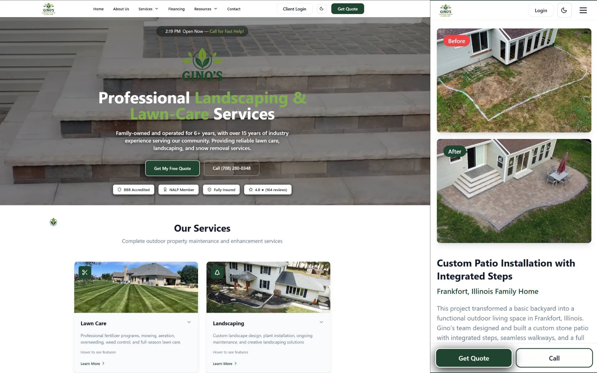 Gino's Landscape & Lawn website after the Skarnyx rebuild