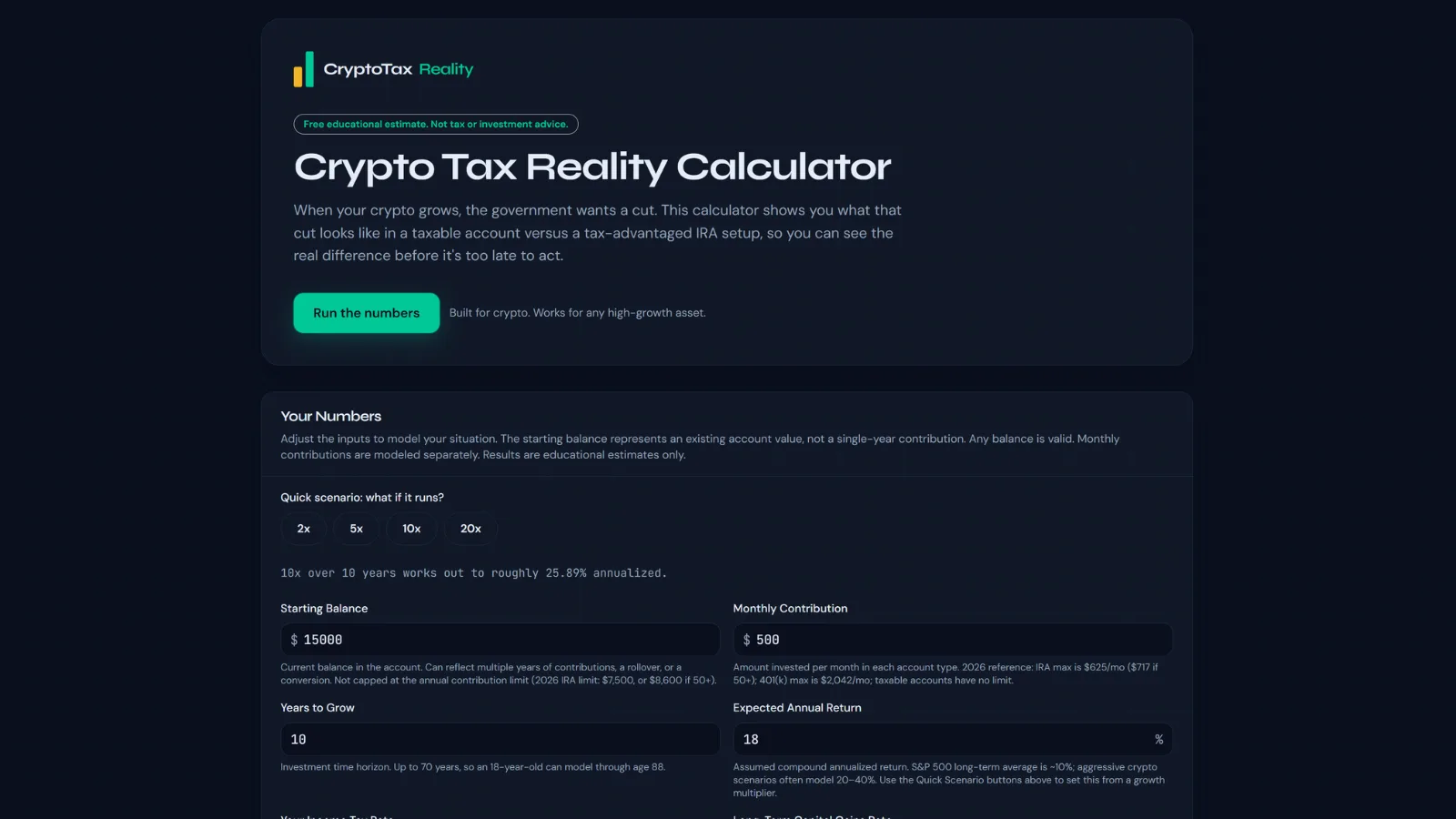 Crypto Tax Reality · Financial calculator