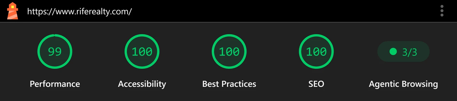 Google Lighthouse mobile report for riferealty.com: Performance 99, Accessibility 100, Best Practices 100, SEO 100, Agentic Browsing 3 of 3.